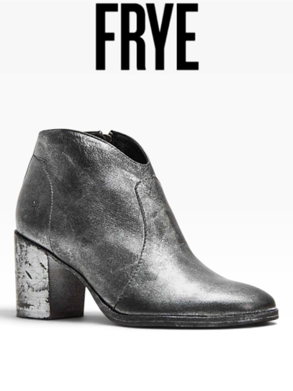 FRYE NORA SILVER DISTRESSED METALLIC ZIP ANKLE BOOTS BLOCK HEEL SIZE 7.5